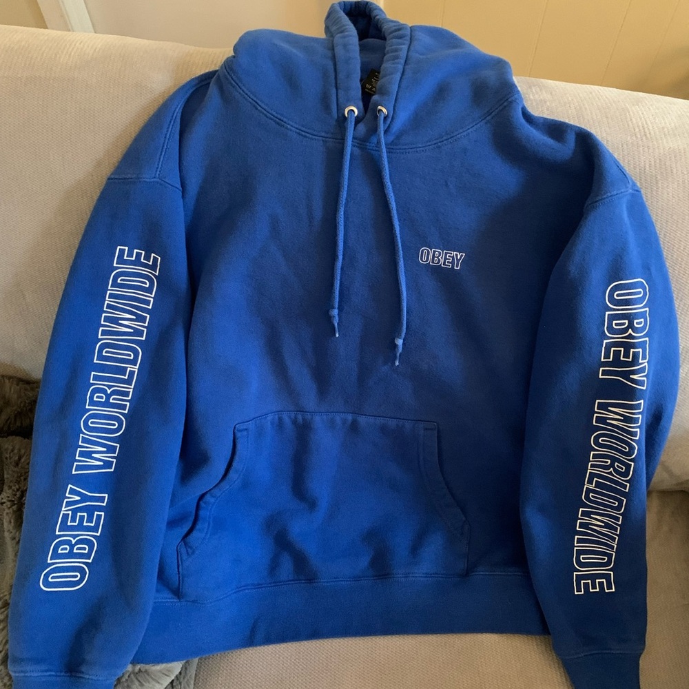 Obey Blue Graphic Sleeve Hoodie Sweatshirt
